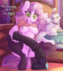 2018 absurd_res aged_up anthro anus ass bed breasts clothing crouching dialogue digital_media_(artwork) dildo dimwitdog duo english_text equine equine_dildo feline female friendship_is_magic fur hair hair_on_head hasbro hi_res horn inside legwear long_hair mammal multicolored_hair my_little_pony nipples opalescence_(mlp) pillow pussy sex_toy signature sweetie_belle_(mlp) text unicorn white_fur