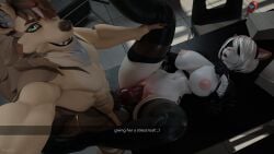 16:9 3d_(artwork) abs alternate_species animal_genitalia animal_penis anthro anthro_on_anthro anthro_penetrated anthro_penetrating anthro_penetrating_anthro areola balls big_breasts black_clothing black_gloves black_hairband black_handwear black_legwear black_thigh_highs blindfold bodily_fluids breasts brown_balls brown_claws brown_hair brown_nose canid canine canine_genitalia canine_penis chair claws clothing darkened_balls darkened_genitalia digital_media_(artwork) duo english_text erection fangs felid female female_penetrated floor from_front_position furniture furrification genital_fluids genitals glistening glistening_body gloves green_eyes hair hair_over_eye hair_over_eyes handwear hi_res high-angle_view holding_leg inner_ear_fluff innersloth inside jayyy knot knotted_penis legwear looking_at_viewer lying lying_on_table male male/female male_penetrating male_penetrating_female mammal mole_under_mouth muscular muscular_anthro muscular_male mythological_canine mythological_creature mythology navel nier_automata nipple_dip nipples on_back open_mouth open_smile pantherine pecs penetration penile penile_penetration penis penis_in_vagina pink_areola pink_nipples pink_nose platinumgames pubes red_(among_us) red_knot red_penis selfie sex sharp_teeth short_hair smile snapchat snow_leopard spread_legs spreading stinkicatz tan_body teeth text thigh_highs tile tile_floor tuft vaginal_fluids vaginal_fluids_on_penis vaginal_penetration ventral_groove vulva watermark werecanid werecanine werecreature werewolf wet wet_penis white_body white_hair wide_hips widescreen yorha_2b yorha_2b_(mayosplash)