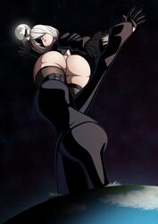 1girls ass female female_only giantess looking_back nier nier:_automata panties ravenravenraven solo thighhighs yorha_2b