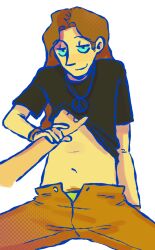 clothed grabbing_arm grabbing_chest groping_chest hand_under_shirt karomakich long_hair long_hair_male midriff_peek platon_(shurik_i_sharik) pov pov_eye_contact scott_and_scout shirt_lift shurik_i_sharik sitting_down unbuttoned_pants whore_eyes