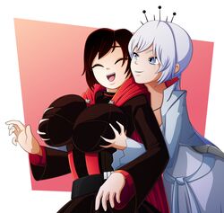 2girls big_breasts black_hair breast_grab breasts cleavage female female_only grabbing_from_behind groping groping_from_behind huge_breasts large_breasts pleasure_face ravenravenraven ruby_rose rwby weiss_schnee yuri