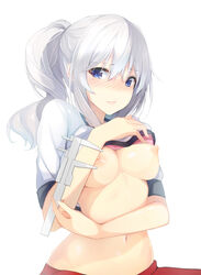 alternate_costume alternate_hairstyle blue_eyes blush breasts commentary female grey_hair highres inushi kantai_collection kashima_(kantai_collection) looking_at_viewer medium_breasts navel nipples nose_blush ponytail shirt_lift simple_background solo upper_body white_background