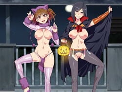 2girls animal_ears blush breasts censored condom condom_belt fangs halloween large_breasts maria-sama_ga_miteru mizuryuu_kei multiple_girls nekomata nipples pussy smile tail thighhighs used_condom vampire