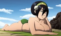 alternate_breast_size avatar_the_last_airbender big_breasts breasts cleavage female female_only huge_breasts large_breasts looking_at_viewer lying ravenravenraven solo swimsuit toph_bei_fong