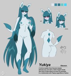 1girls ass blue_eyes breasts eeveelution female female_only full_body furry glaceon hair long_hair nintendo nipples nude original_character pokémon_(species) pokemon pokemon_dppt pubic_hair pussy razplus solo text video_games wide_hips