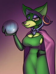 anthro breasts canine cape cartoon_network claws cleavage courage_the_cowardly_dog crystal_ball curvy dress earrings eyelashes eyeshadow female female_only furry gradient_background green_dress green_eyes green_fur hand_on_hip highres holding_object hood hoop_earrings large_breasts looking_at_viewer mammal red_eyes shirley_the_medium smile solo standing thingshappen