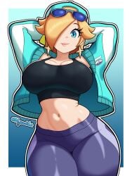1girls aqua_jacket arms_up artist_name backwards_hat black_tank_top blonde_hair blue_eyes breasts cowboy_shot earrings eyewear_on_head female hair_over_one_eye hat jacket jewelry large_breasts lips long_hair looking_at_viewer mario_(series) mario_kart mario_kart_world midriff navel nintendo nyazuliart official_alternate_costume open_clothes open_jacket princess_rosalina princess_rosalina_(touring) simple_background smile solo star_(symbol) star_earrings sunglasses tank_top thick_thighs thighs wide_hips