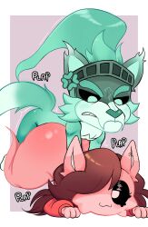 angry angry_sex brown_hair connie_(cosplay) dandy's_world furry ghost roblox salchipapaasada sex smug soulvester_(cosplay) teasing white_background