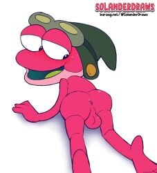 amphibia_(series) amphibian anthro anus ass backsack balls balls_focus blush butt_focus clothing disney frog genitals hat hat_only headgear headgear_only headwear headwear_only hi_res looking_at_butt looking_at_self looking_back_at_self male male_only mostly_nude nude penis presenting presenting_anus presenting_balls red_body solanderdraws solo sprig_plantar text url