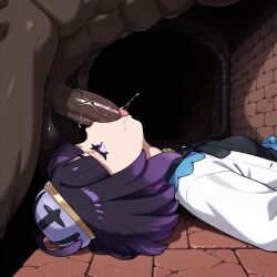 1boy 1girls ai-generated ai_generated bangs blunt_bangs brokewyt clothed_female_nude_male dark-skinned_male dark_skin erection fellatio female gwynn_(pokemon) interracial large_penis lying muku_(pokemon) nude on_back oral penis pokemon pokemon_legends:_z-a purple_eyes purple_hair saliva short_hair solo_focus straight testicles tongue tongue_out uncensored veins veiny_penis