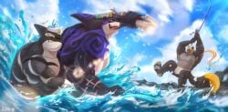 3boys bara barazoku calamar capt._locke cephalopod fishing fishing_rod male_only muscular orca orem sea seaside shark wolf xxl_woofia