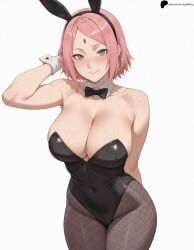 1girl 1girls ai_generated arm_behind_back armpit_crease black_bowtie blush bowtie breasts cleavage closed_mouth covered_navel fishnet_pantyhose fishnet_thighhighs fishnets forehead_mark green_eyes hand_in_own_hair hi_res high_quality high_resolution highres large_breasts leaning_forward light lips looking_at_viewer naruto naruto_(series) naruto_shippuden nose opal_nemy patreon_logo patreon_url patreon_username pink_hair plain_background playboy_bunny rabbit_ears sakura_haruno self_upload shadow shiny shiny_clothes shiny_hair shiny_skin short_hair simple_background smile solo standing thick_thighs thighs watermark white_background