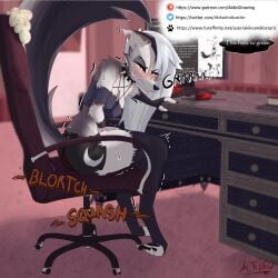 1:1 accident akikoandlostari alternative_fashion anthro bottomwear canid canid_demon canine chair choker clothing computer demon desk electronics feces feces_in_ass female furniture hellaverse hellhound helluva_boss jewelry loona_(helluva_boss) mammal mythological_canine mythological_creature mythology necklace on_chair onomatopoeia poop_desperation pooping_on_self profanity pushing_hard red_sclera scat shorts sitting sitting_on_chair soiled_bottomwear soiling soiling_bottomwear solo sound_effects stained_clothing table text url