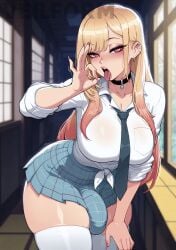 ai_generated anime balls bending_over big_breasts blonde_hair blowjob_gesture blush bulge chocker futanari hips_wider_than_shoulders kitagawa_marin makeup miniskirt my_dress_up_darling open_mouth penis penis_visible_through_clothing pink_eyes pink_highlights school_uniform schoolgirl tagme thick_thighs thighhighs tongue_out veilform watermark
