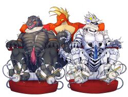 :3 black_body blush bodily_fluids bondage bound brush brushing_feet chair chair_bondage claws crying_laughing cum cum_on_self curling_tail curling_toes ejaculation feet furniture genital_fluids genitals godzilla godzilla_(series) grey_body group heart_symbol hi_res kaiju kiryu_(godzilla) laugh looking_pleasured machine male male/male mecha mechagodzilla mechanical_dragon pain penis pictiverpa playful red_body restrained_arms restrained_feet restrained_neck robot shaking sitting tail tail_coil tears tickle_torture tickling tickling_chin tickling_feet titanosaurus_(godzilla) toe_claws toho trio