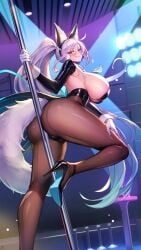 1girls amina_(project_qt) animal_ears animated ass bangs blair_(project_qt) breasts bunny bunny_costume bunny_girl bunny_suit bunnygirl bunnysuit fox_ears fox_girl fox_humanoid fox_tail gloves hair_between_eyes high_heels holding holding_object huge_breasts legwear long_hair pantyhose pole pole_dancing project_qt silver_hair solo sparkle sparkles stage stage_lights stripper_pole tagme tail thighs video white_gloves