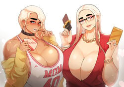 1futa 1girls bimbo blonde_hair blue_eyes breasts chocolate choker cleavage dark_skin donaught earrings fajji female futa_with_female futanari glasses hyper hyper_breasts lipstick long_hair looking_at_viewer mature_female mature_futa miffu milf mole mole_under_mouth muscle necklace original overweight overweight_female overweight_futanari platinum_blonde_hair pocky pov rimless_glasses seductive seductive_smile sisters smile text thick_eyebrows toned valentine's_day