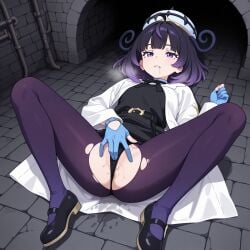 1girls ai-generated ai_generated ass belt black_footwear black_hair black_panties brokewyt female female_masturbation gloves gwynn_(pokemon) hat looking_at_viewer lying mary_janes masturbation mole mole_under_eye muku_(pokemon) on_back panties pantyhose pokemon pokemon_legends:_z-a purple_eyes purple_hair purple_pantyhose pussy_juice saliva shoes short_hair solo spread_legs torn_clothes torn_pantyhose uncensored underwear