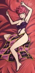 1girls 2019 bed breasts female female_only jojo's_bizarre_adventure nega_talker nipple_slip nipples on_back on_bed pink_hair solo trish_una vento_aureo