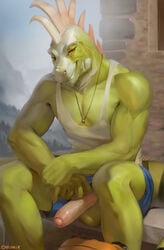 2018 anthro balls chunie clothed clothing detailed_background digital_media_(artwork) erection flashing glans hi_res humanoid_penis iguana lizard looking_at_viewer male male_only mammal muscular muscular_male outside partially_clothed penis reptile scalie shorts sitting sky smile solo uncut undershirt vein veiny_penis