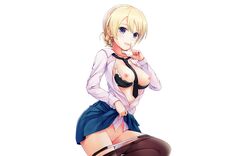 aqua_eyes blonde_hair bra braids breasts darjeeling edit girls_und_panzer n.g. nipples open_shirt panties panty_pull pantyhose photoshop pussy seifuku skirt_lift uncensored underwear white