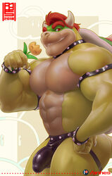 1boy anhes bowser bulge fire_flower flower horns looking_at_viewer male male_only mario_(series) muscular nintendo red_eyes red_hair smile solo standing super_mario_bros.