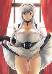 apron azur_lane bangs belfast_(azur_lane) blue_eyes braid breasts chains choker cleavage closed_mouth collarbone cowboy_shot cum curtains dress dress_lift female french_braid frilled_apron frills large_breasts lifted_by_self long_hair looking_at_viewer maid maid_apron maid_headdress parabora_(nipplemokuba) pubic_hair silver_hair smile solo standing straight_hair thigh_gap very_long_hair waist_apron white_apron window