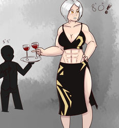 abs big_breasts blank_background breasts dress emmahe_wren muscular_female orange_eyes scar size_difference white_hair wine