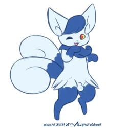 1boy 2018 2_tails animal_genitalia anthro blue_fur cute electrikestorm feet feline fully_sheathed fur furry happy hi_res male male_only mammal meowstic multi_tail nintendo no_nipples one_eye_closed open_mouth paws pokémon_(species) pokemon pokemon_xy red_eyes rule_63 sheath simple_background sketch small_balls small_penis smile solo testicles text video_games watermark white_background white_fur yellow_sclera