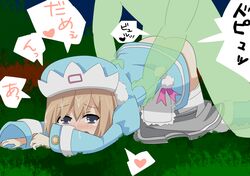 ass_up blue_dress blue_eyes blue_hat blush brown_hair crying female flat_chest green_monster hat holding japanese_text mouth_open neptunia_(series) night on_grass outdoors rom_(neptunia) short_hair