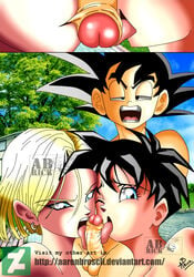 2girls aaron_broscli android_18 blonde_hair blue_eyes curvy dragon_ball female multiple_girls short_hair son_goten thick_lips videl voluptuous