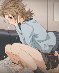 1boy blush bracelet brown_hair censored clothed_sex couch cowgirl_position earrings female green_eyes idolmaster idolmaster_cinderella_girls jacket jewelry kimura_natsuki penis sex skirt smile solo_focus tagme tomu_(tomubobu) watch wristwatch