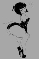 1girls 2017 arched_back ass bare_shoulders bent_knees bent_over big_ass bimbo black_and_white bob_cut butt_shot clapping_cheeks creepy_susie dat_ass female female_only flat_chest goth goth_mommy high_heels human leather leotard looking_at_viewer monochrome no_nose no_pants open_mouth platform_heels sketch solo speech_bubble the_oblongs thecon twerking white_background