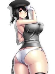 :o adjusting_clothes adjusting_headwear akitsu_maru_(kantai_collection) alternate_costume alternate_skin_color armpits ass bare_shoulders black_hair black_headwear black_legwear blush breasts brown_eyes covered_nipples cowboy_shot female gloves hat huge_breasts kantai_collection looking_at_viewer low_ponytail panties peaked_cap photoshop_(medium) remodel_(kantai_collection) sideboob sidelocks sleeveless solo tank_top taut_clothes thick_thighs thighhighs thighs tied_hair tsukumiya_amane twisted_torso underwear white_gloves white_panties