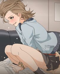 1boy blush bracelet brown_hair censored clothed_sex couch cowgirl_position earrings female green_eyes idolmaster idolmaster_cinderella_girls jacket jewelry kimura_natsuki penis sex skirt smile solo_focus tagme tomu_(tomubobu) watch wristwatch