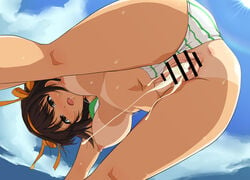 anus areolae bar_censor bikini blush breasts censored cloud cum female hanging_breasts haruhisky large_breasts nipples pussy sky solo suzumiya_haruhi suzumiya_haruhi_no_yuuutsu swimsuit