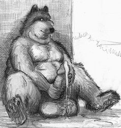 balls bd belly big_balls big_belly big_penis canine cum erection excessive_cum looking_at_penis male male_only mammal masturbation on_ground overweight pawpads pencil_(artwork) penis sitting solo traditional_media_(artwork)