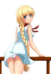 ass blonde_female blonde_hair blue_eyes braid dress huyase looking_at_viewer simple_background slavya-chan white_background white_panties