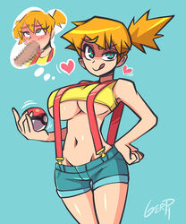 1boy 1girls alternate_breast_size bare_shoulders belly big_breasts breasts censored cleavage clothed curvy denim erection eyelashes female gerph green_eyes hand_on_hips heart heart-shaped_pupils human human_only kasumi_(pokemon) looking_at_viewer male midriff navel nintendo oral orange_hair penis poke_ball pokemon pokemon_rgby shirt short_hair shorts side_ponytail smile straight suspenders tank_top text thigh_gap thin_waist thinking underboob watermark