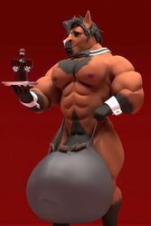 3d alcohol anthro anthroanim beverage black_hair bow_tie bulge clothing equine hair holding_object hyper hyper_bulge male male_only mammal muscular muscular_male nipples plate sebastian_horse simple_background solo standing