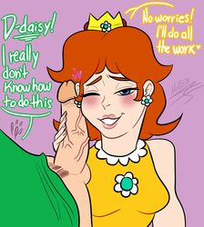 blush handjob luigi mario_(series) mario_tennis nino5571 nintendo one_eye_closed penis penis_on_face princess_daisy unseen_male_face veiny_penis