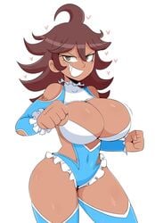 1girls 2018 ahoge bare_shoulders belly big_ass big_breasts brown_eyes brown_hair cleavage clothed cosplay crossover danganronpa dark-skinned_female dark_skin eyelashes female female_only half-closed_eyes heart huge_breasts jinu looking_at_viewer navel owari_akane rainbow_mika smile standing straight_hair street_fighter white_background