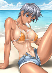 1girls abs arm_support bang-you beach bikini_top breasts cleavage clouds cutoffs denim denim_shorts eyelashes female female_only grey_hair human large_breasts looking_at_viewer navel one-piece_tan open_fly open_pants original outdoors popsicle seaside shiny_skin short_hair short_shorts shorts sitting skindentation solo suggestive suggestive_food swimsuit tanlines tomboy toned unzipped very_short_hair zipper