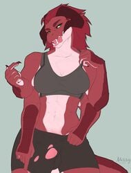 4_arms abs anthro big_penis breasts bulge claws clothed clothing dickgirl dragon fangs hair horn intersex kayle_(ravencrafte) missy multi_arm multi_limb muscular penis reptile scalie tearing_clothing tongue