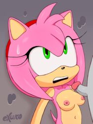 1boy 1girls against_wall amy_rose anthro breasts duo excito faceless_male female female_focus furry hedgehog humanoid_penis male mammal navel nude penis pink_nipples silver_the_hedgehog small_penis small_penis_humiliation solo_focus sonic_(series) sweat testicles text watermark