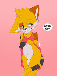 2018 anthro blush clothed clothing clothing_lift crossdressing cute_fangs dress dress_lift embarrassed english_text exposing feline girly gradient_background green_eyes katxlogan male mammal penis pet_praise pink_background shy signature simple_background skymafia solo tail_around_leg text young