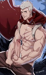 1boy akihiko_sanada ball_fondling bara erection holding_balls kaito_draws looking_at_viewer male male_only masturbation penis persona persona_3 persona_4_arena precum sanada_akihiko solo