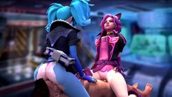 1boy 2girls 3d alley_cat_maeve animated ass blue_hair cat_ears closed_eyes closed_mouth evie_(paladins) exposed_ass exposed_pussy facesitting female female_on_top geckoscave maeve_(paladins) male multiple_girls no_sound paladins pink_hair pussy riding ripped_clothing threesome tights vaginal vaginal_penetration video