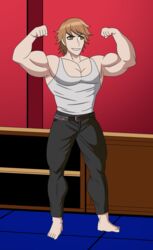 1boy barefoot danganronpa depraveddefense flexing_arms fujisaki_chihiro male male_only masculine masculinization muscle_growth muscular_male pants sequence_parts smooth_skin white_tank_top