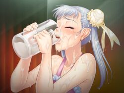 1girls apron bare_shoulders blue_hair blush bun_cover closed_eyes collarbone cum cum_drinking cum_drunk cum_everywhere cum_filled cum_in_container cum_in_mouth cum_on_arm cum_on_face cum_on_hair cum_on_shoulder cum_on_upper_body cumdrip double_bun drink drinking_cum excessive_cum eyeshadow female female_only gokkun hair_bun hair_ribbon koryuu makeup naked_apron open_mouth pointy_ears solo taimanin_asagi_battle_arena tied_hair twintails white_skin zol